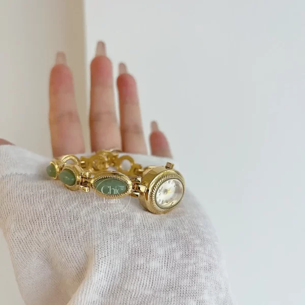 Vintage Gold Watch for women Green Jade Stone Bracelet Watch  display picture 3