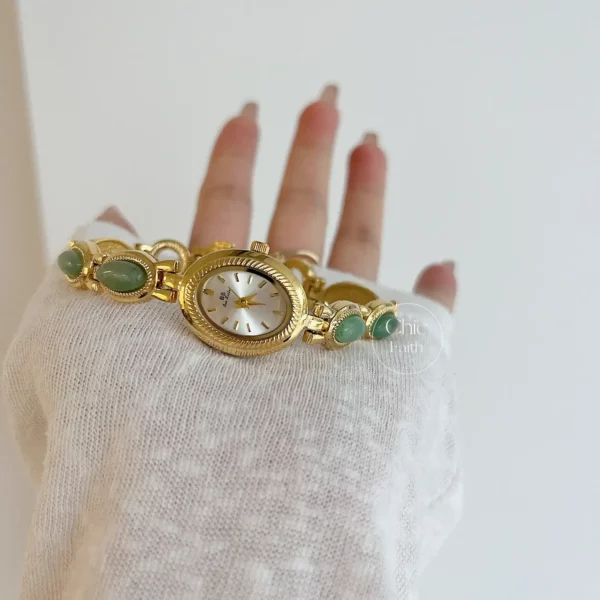Vintage Gold Watch for women Green Jade Stone Bracelet Watch  display picture 3