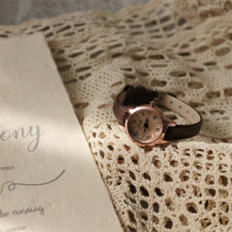 Vintage Style Small Round Face Genuine Leather Watch for Women