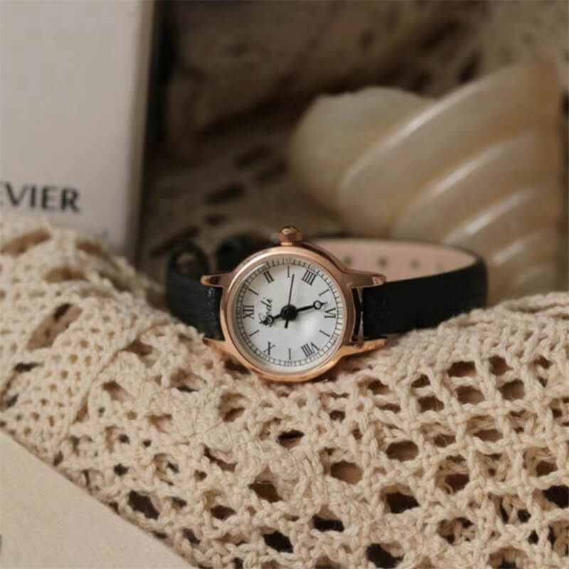Vintage Style Small Round Face Genuine Leather Watch for Women