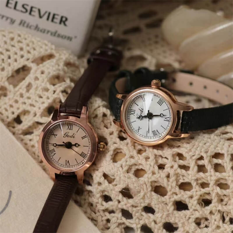 Vintage Style Small Round Face Genuine Leather Watch for Women