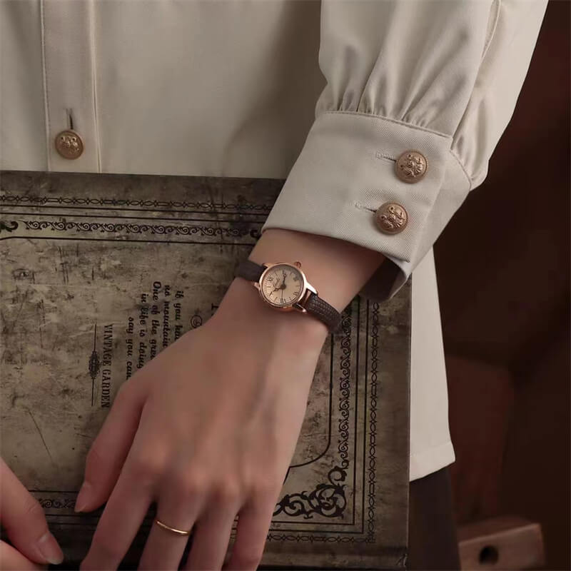 Vintage Style Small Round Face Genuine Leather Watch for Women
