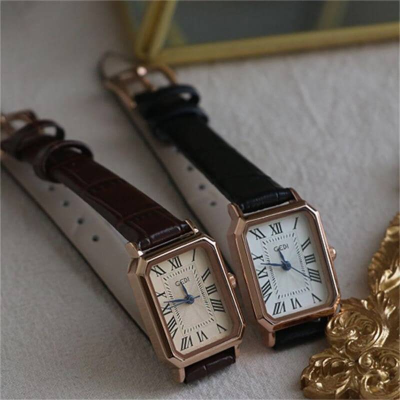 Vintage-Inspired White/Black Rectangle Face Genuine Leather Watch for Women