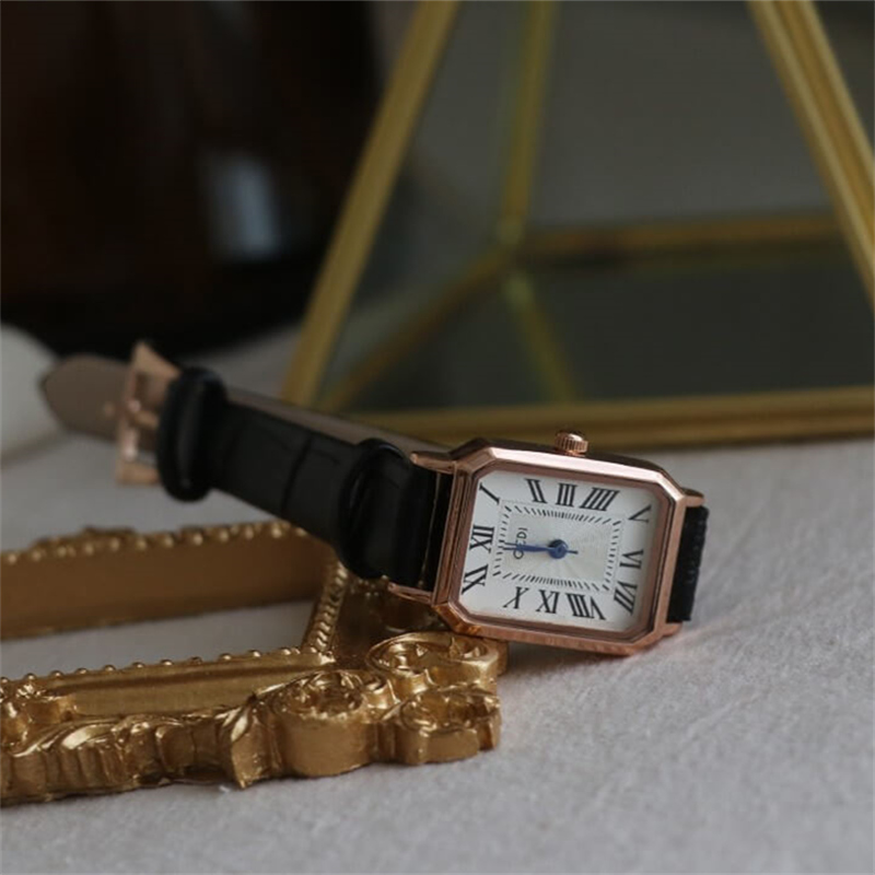 Vintage Style White/Black Rectangle Face Genuine Leather Watch for Women