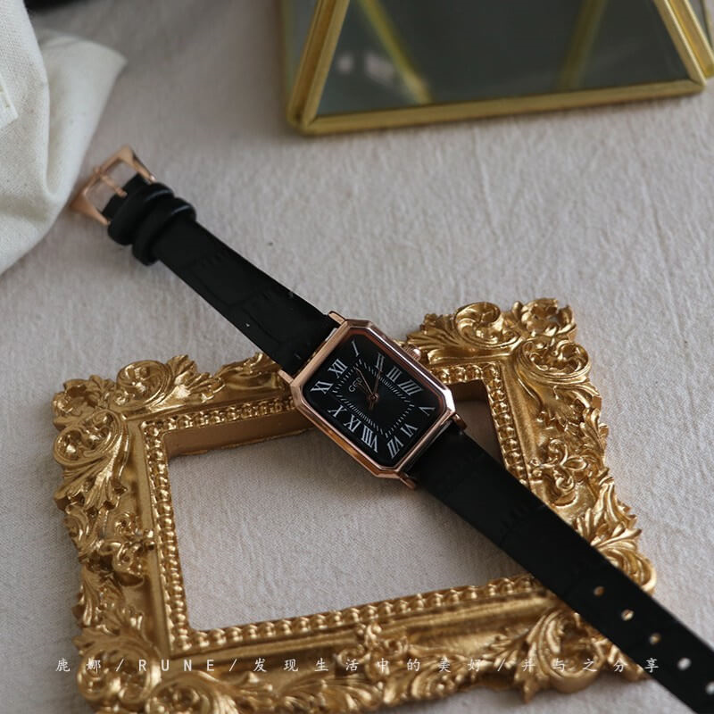 Vintage-Inspired White/Black Rectangle Face Genuine Leather Watch for Women