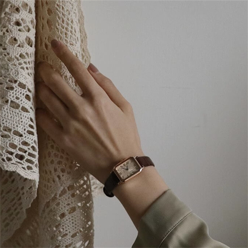 Vintage Style White/Black Rectangle Face Genuine Leather Watch for Women