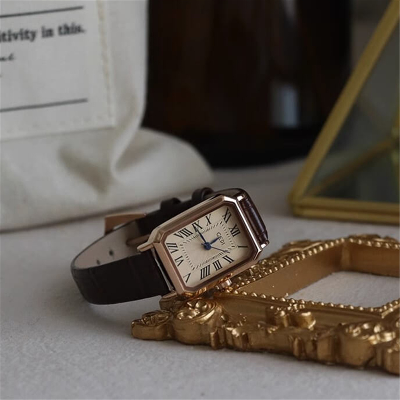 Vintage-Inspired White/Black Rectangle Face Genuine Leather Watch for Women