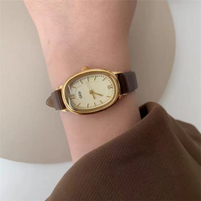 Chic Black/Brown Oval Leather Watch for Women