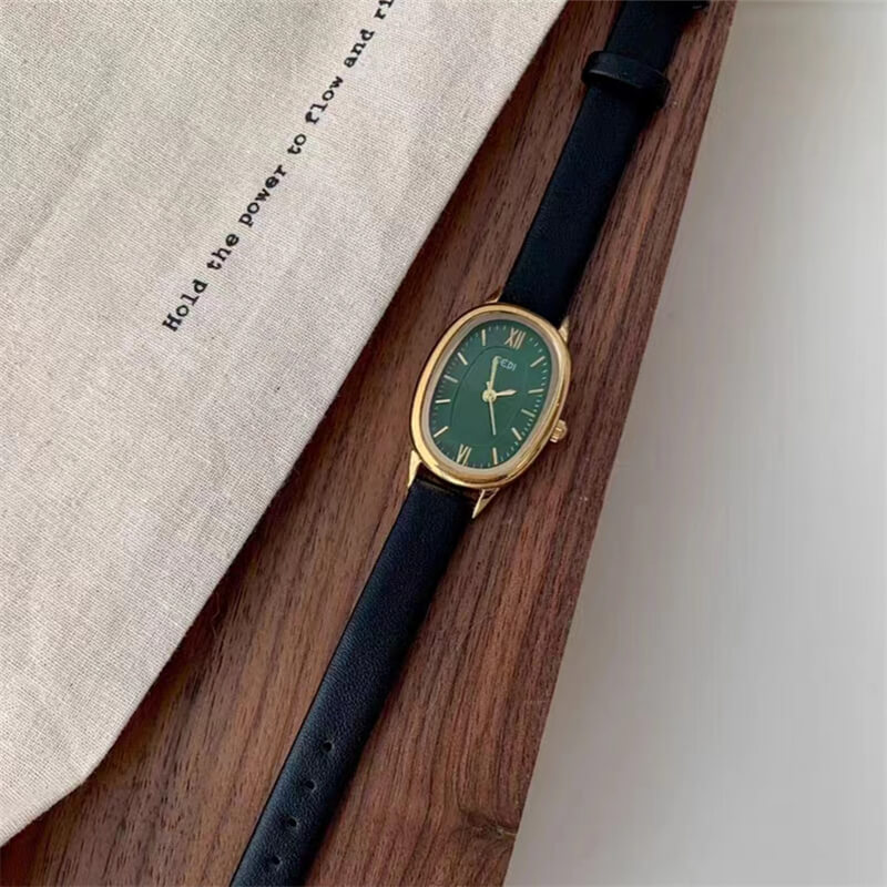 Classic Black-Emerald Green Oval Leather Wristwatch