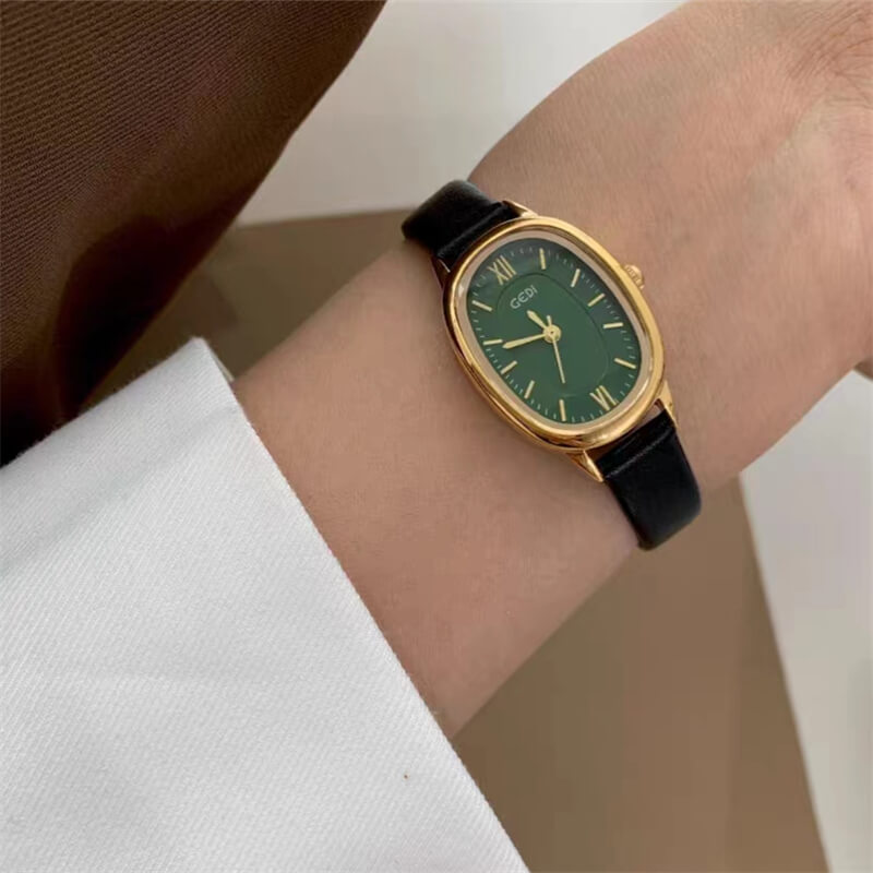 Classic Black-Emerald Green Oval Leather Wristwatch