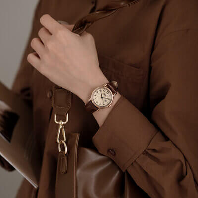 Classic Brown Round Genuine Leather Women's Watch
