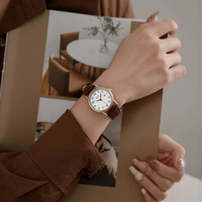 Classic Brown Round Genuine Leather Women's Watch