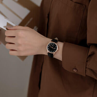 Classic Brown Round Genuine Leather Women's Watch