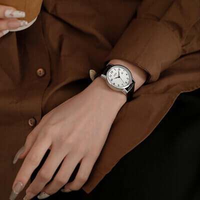 Classic Brown Round Genuine Leather Women's Watch