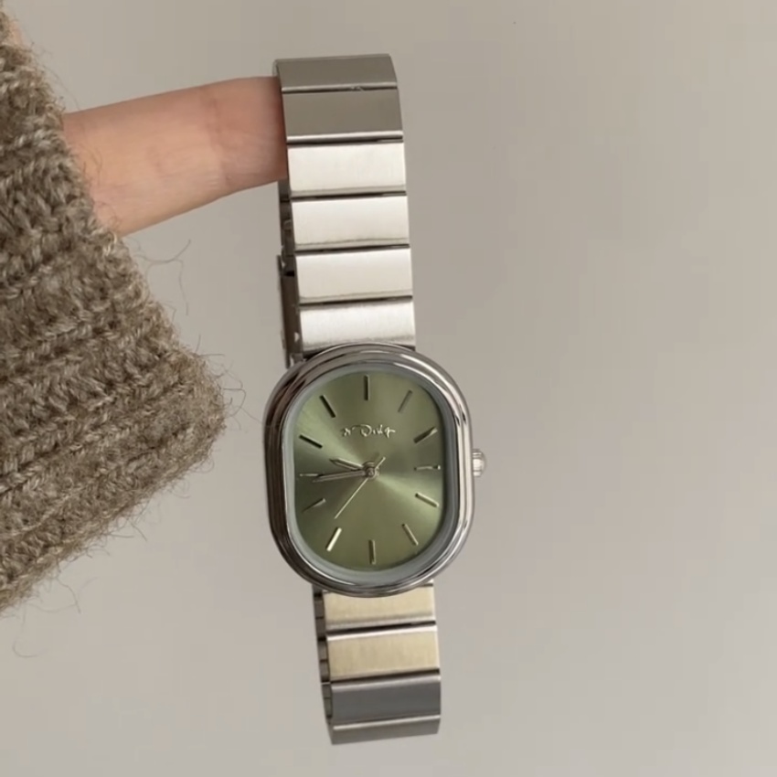 Ladies Dainty Style Green Oval Face Silver Bracelet Watch