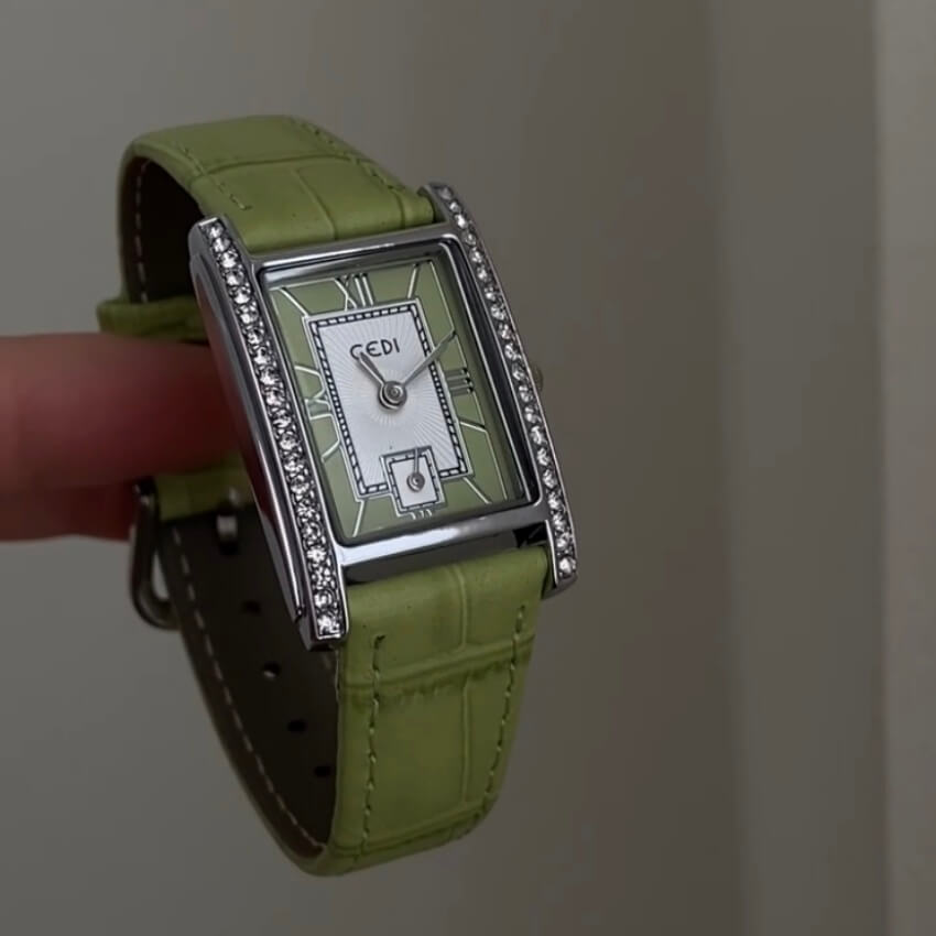 Chic Blue/Green Square Genuine Leather Ladies Watch