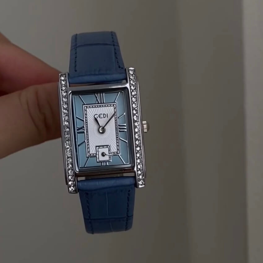 Chic Blue/Green Square Genuine Leather Ladies Watch