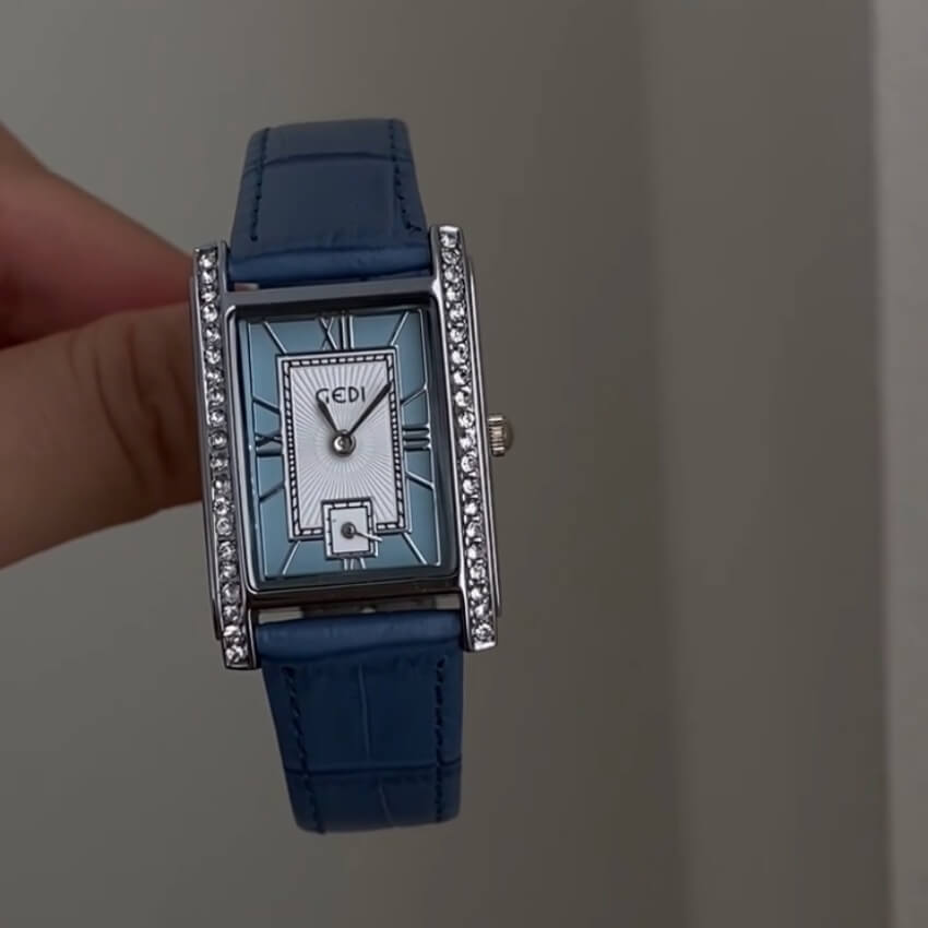 Chic Blue/Green Square Genuine Leather Ladies Watch