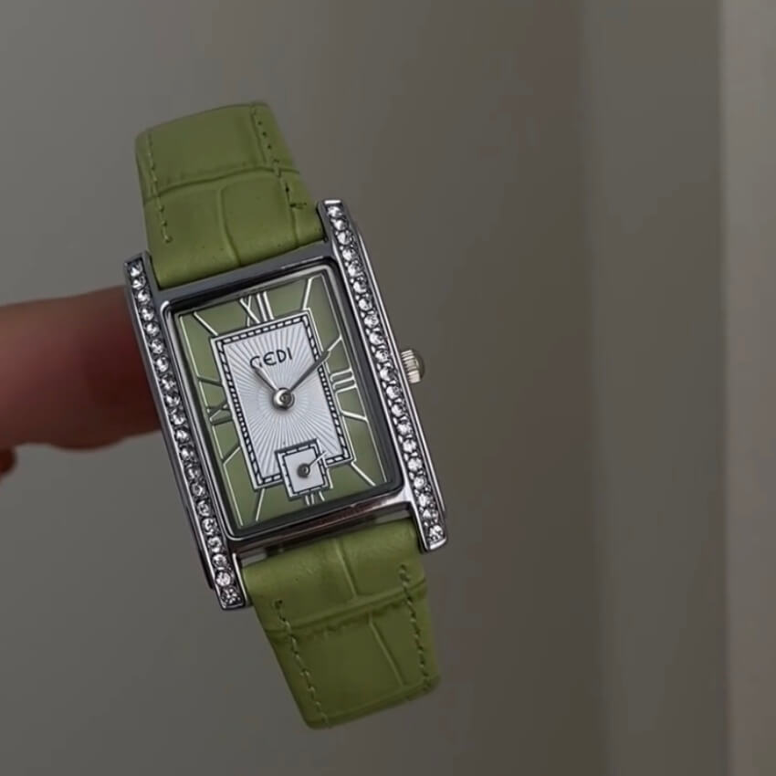 Chic Blue/Green Square Genuine Leather Ladies Watch