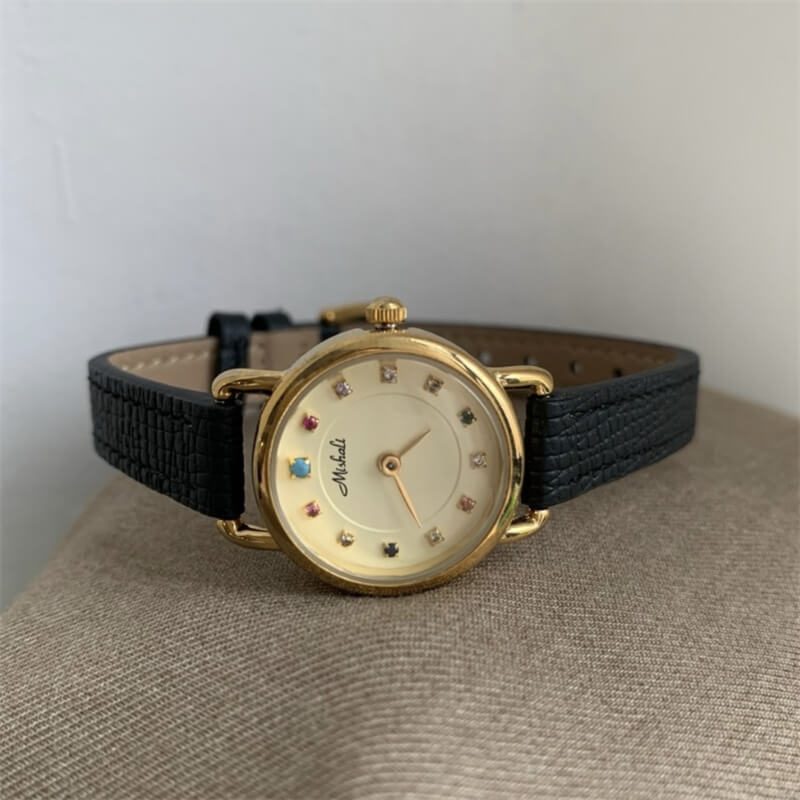 Minimalist Style Black/Grey Round Genuine Leather Watch