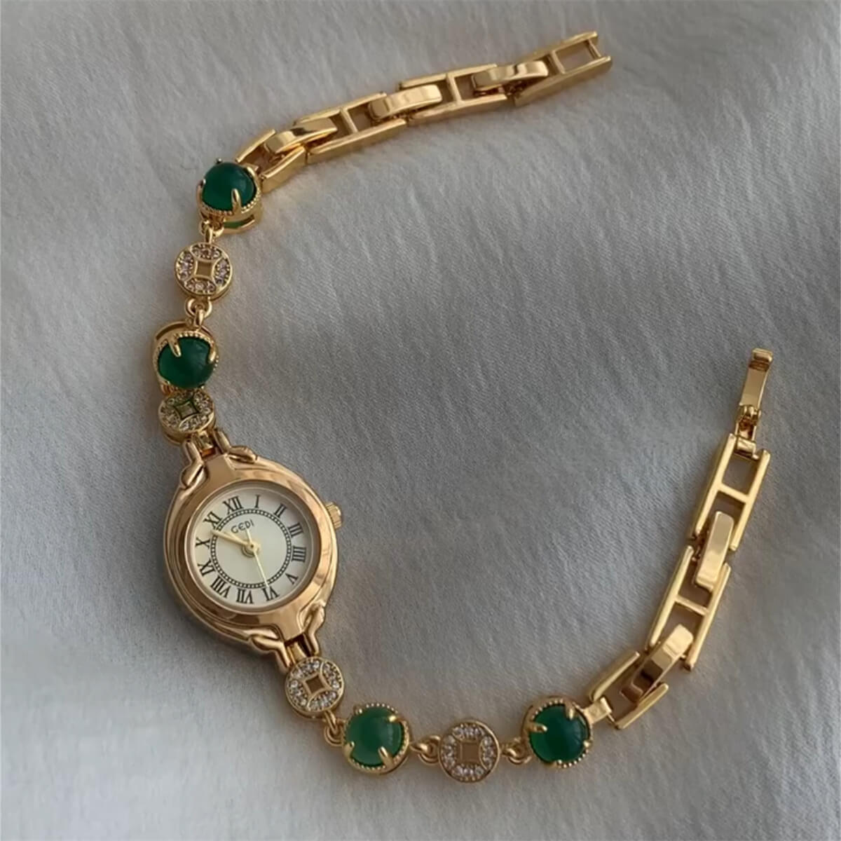 Gold Oval Face Green Beads Bracelet Watch for Women