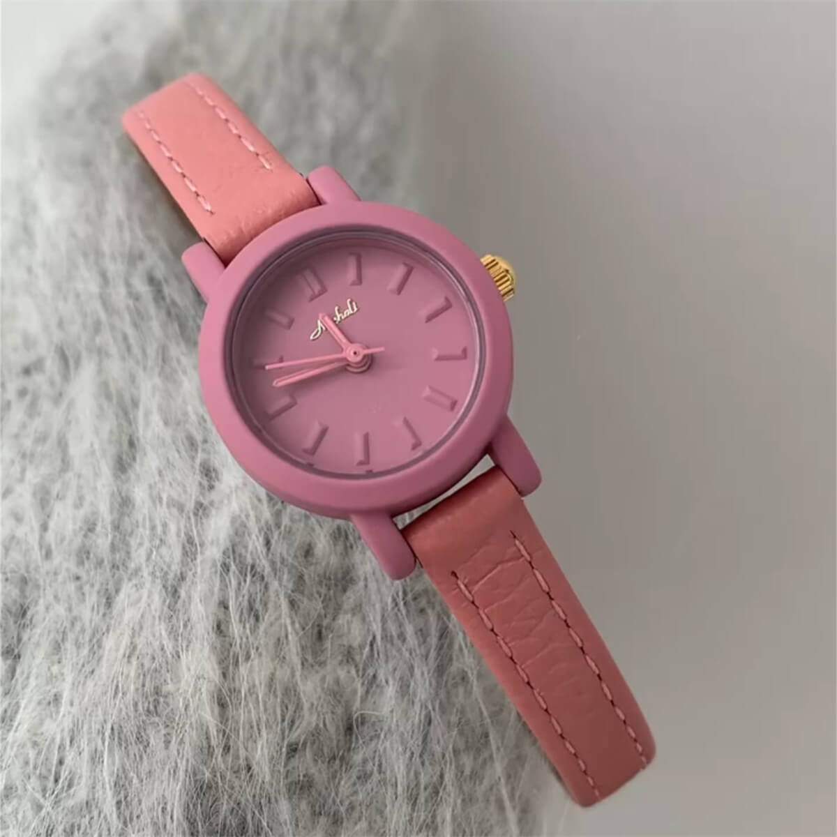 Colorful leather strap round small dial ladies watch