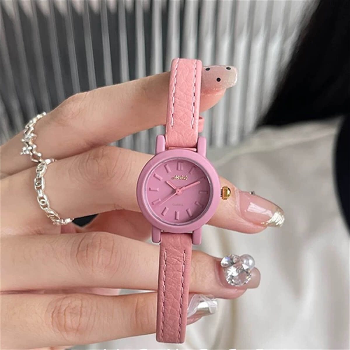 Colorful leather strap round small dial ladies watch
