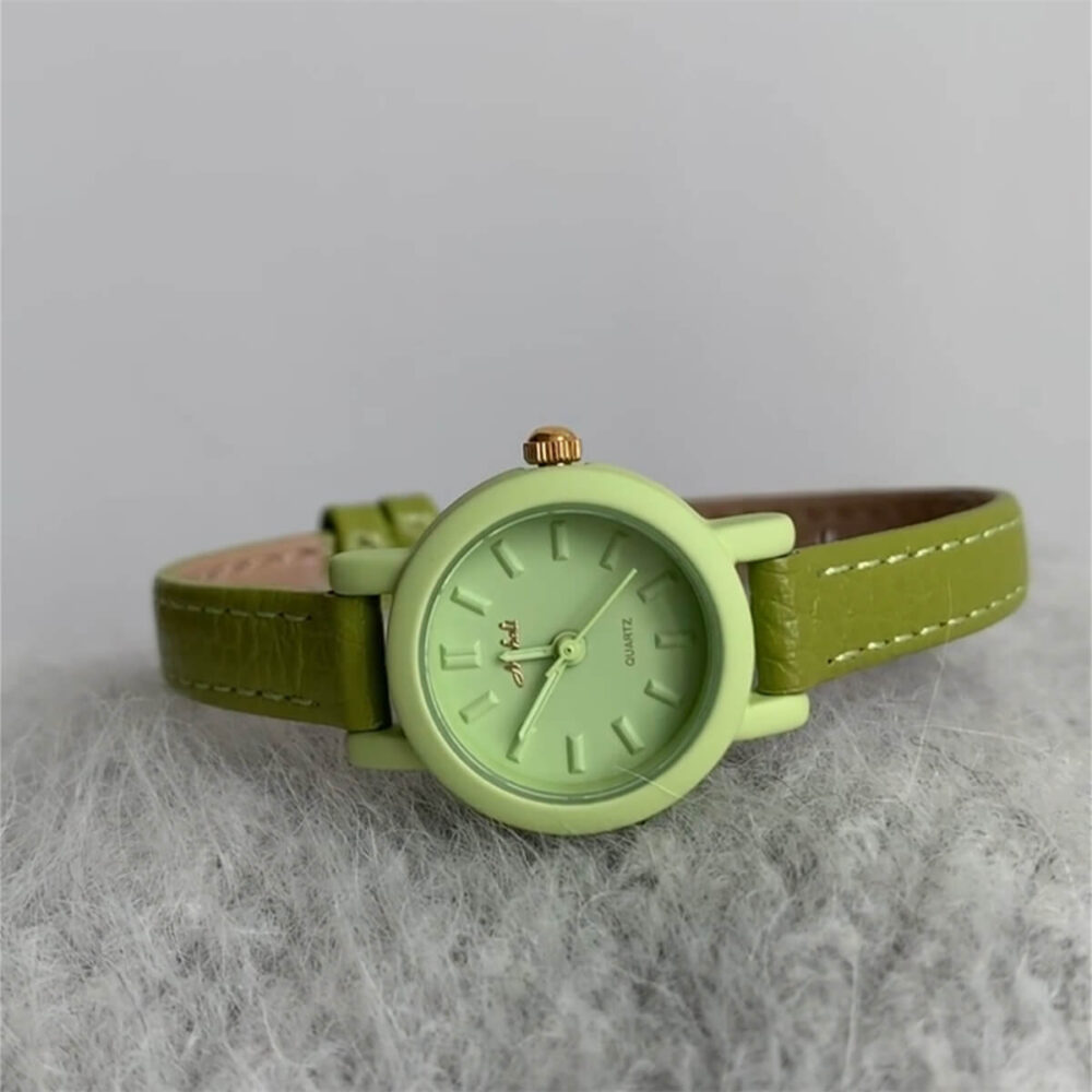 Colorful leather strap round small dial ladies watch