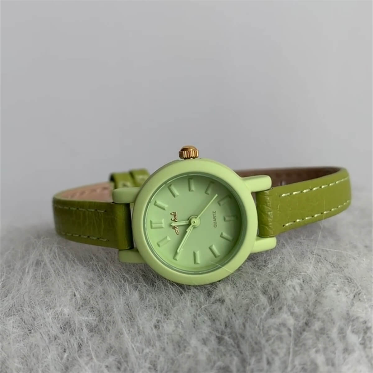 Colorful leather strap round small dial ladies watch