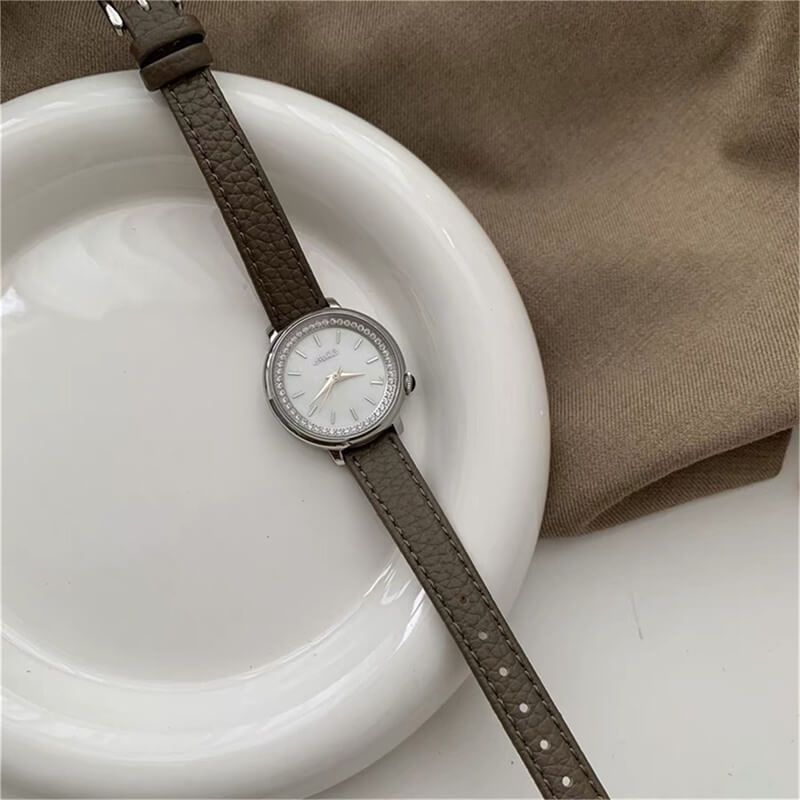 Classic Black/Brown Round Face Leather Ladies Watch