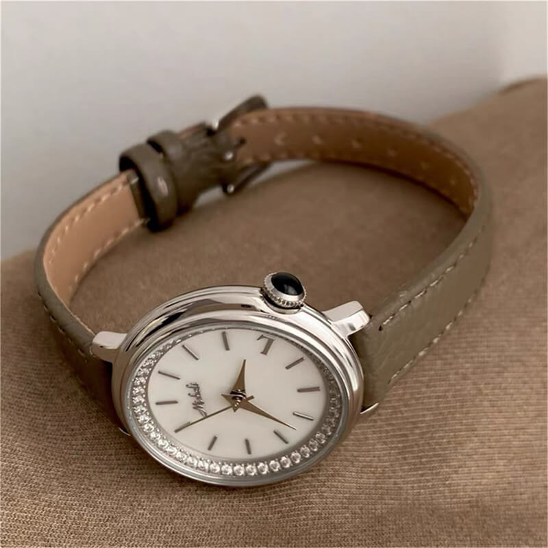 Classic Black/Brown Round Face Leather Ladies Watch