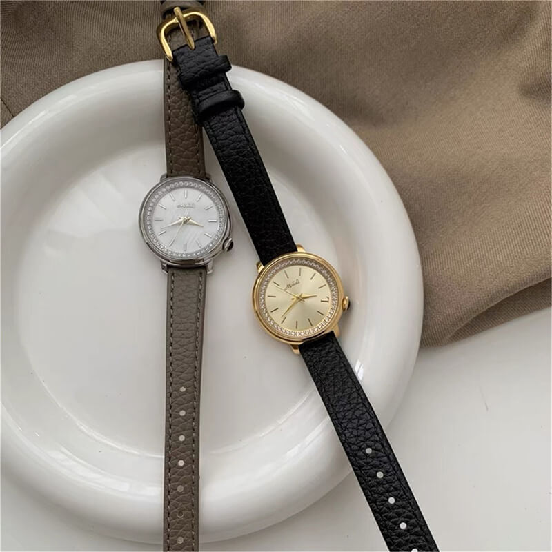 Classic Black/Brown Round Face Leather Ladies Watch