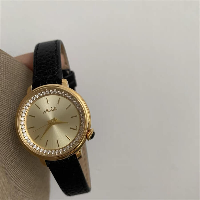 Classic Black/Brown Round Face Leather Ladies Watch
