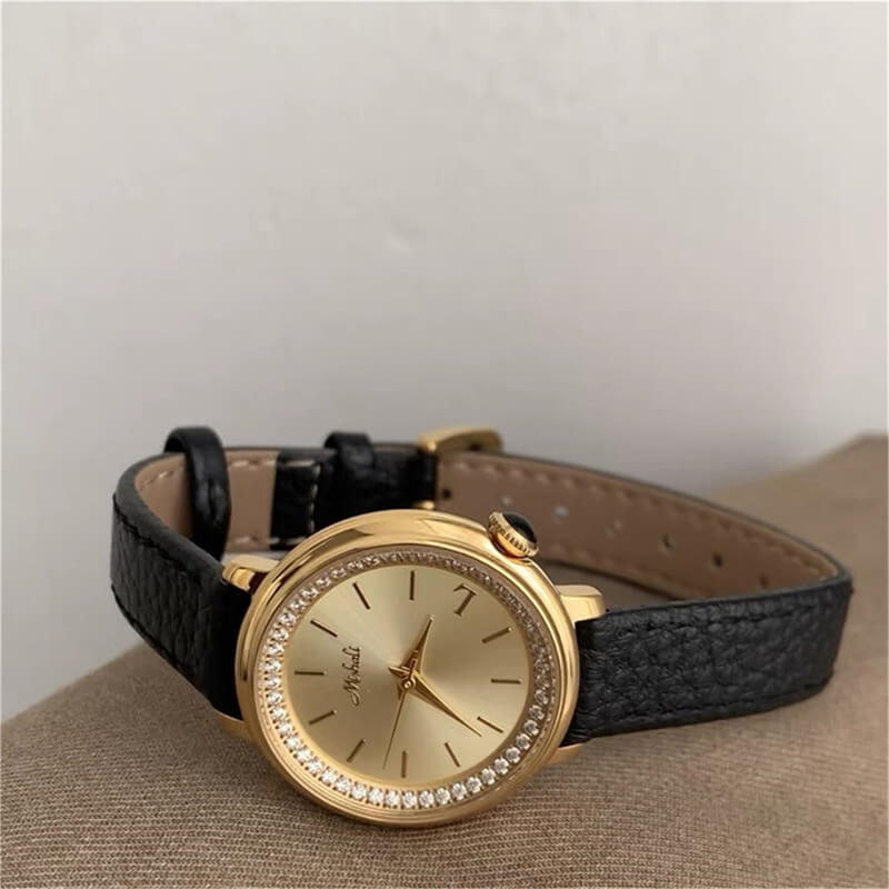 276-06.jpg Classic Black/Brown Round Face Leather Ladies Watch