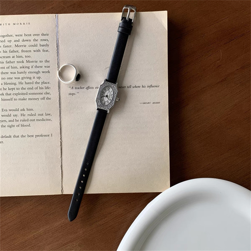 Dainty Oval Face Black Leather Watch