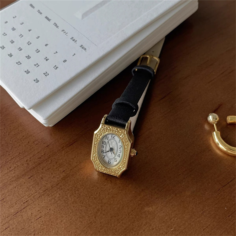 Dainty Oval Face Black Leather Watch