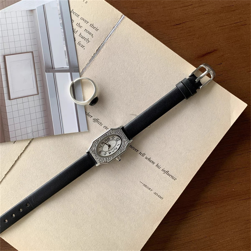 278-03.jpg Dainty Oval Face Black Leather Watch