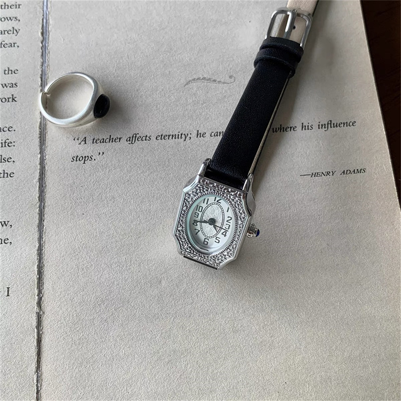 Dainty Oval Face Black Leather Watch