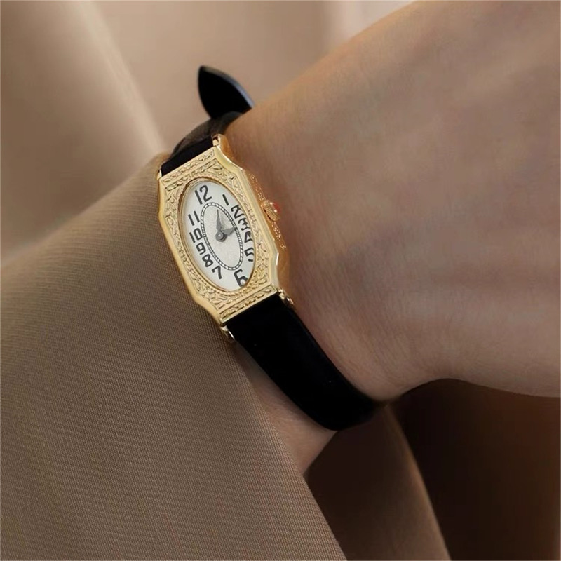 Dainty Oval Face Black Leather Watch