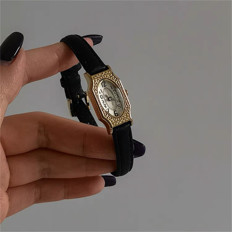 Dainty Oval Face Black Leather Watch