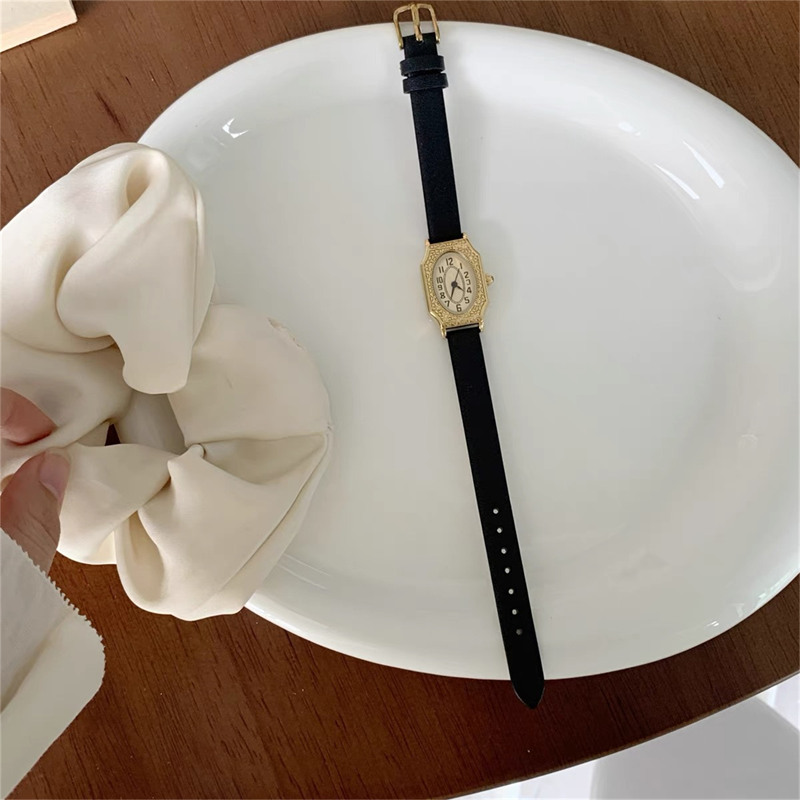 Dainty Oval Face Black Leather Watch
