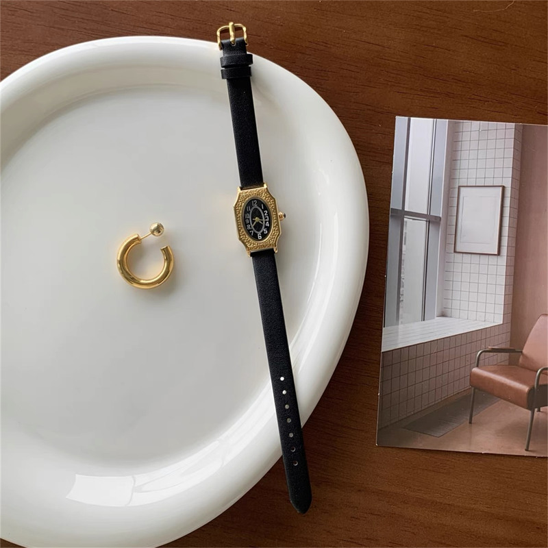 Dainty Oval Face Black Leather Watch