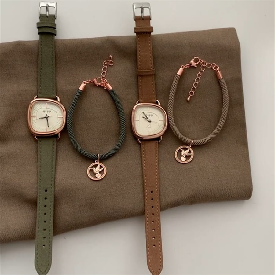 Green/Brown Leather Watch Bracelet Set