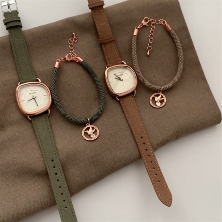 Green/Brown Leather Watch Bracelet Set