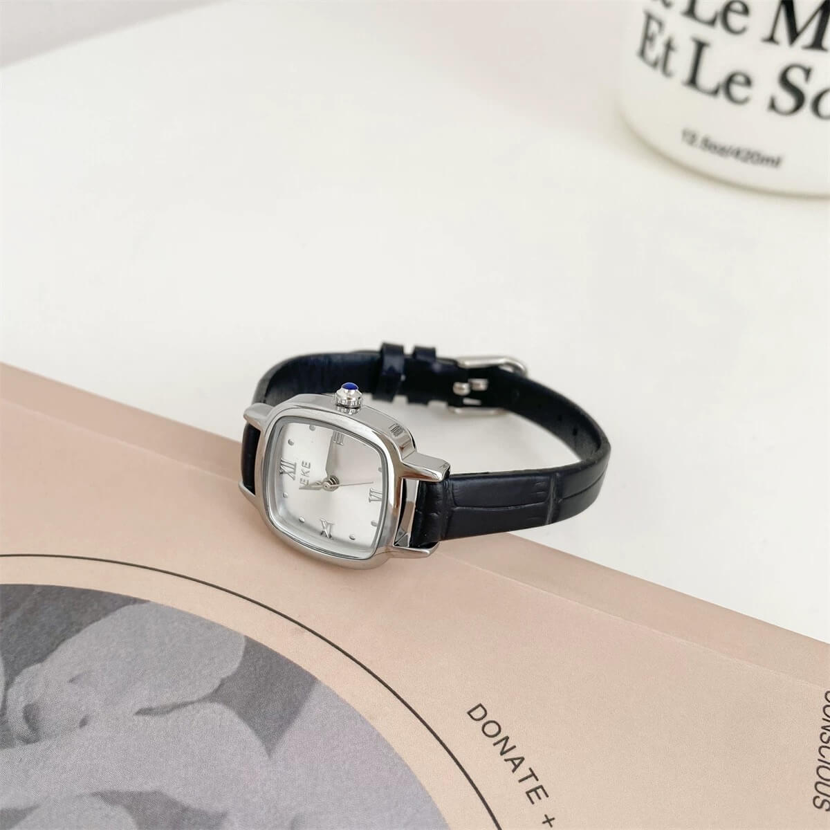 Square Face Brown/Black Leather Watch