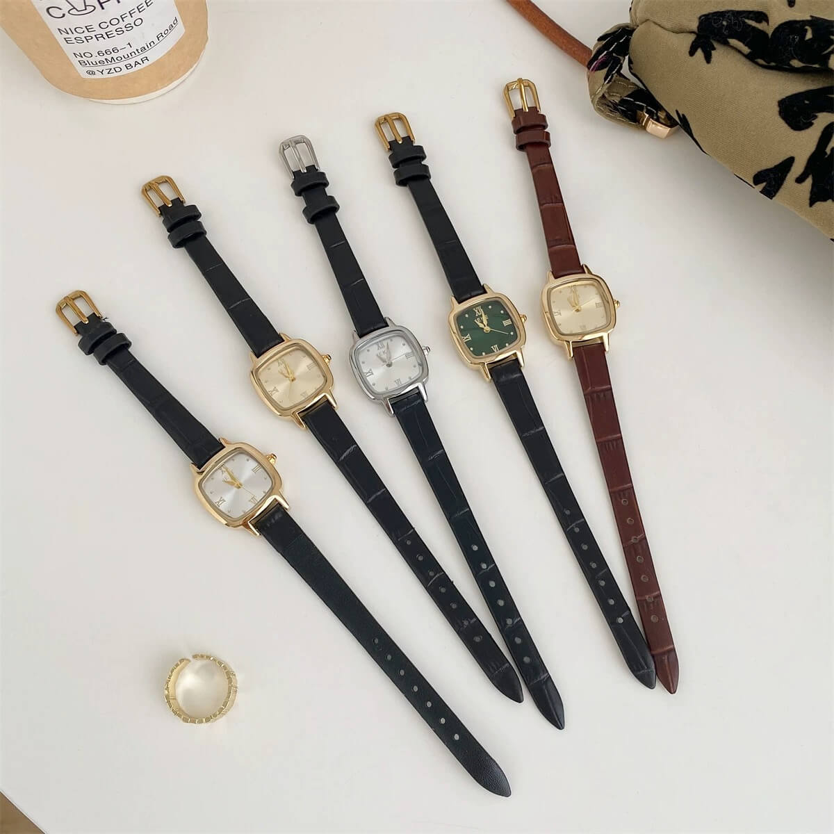 Square Face Brown/Black Leather Watch