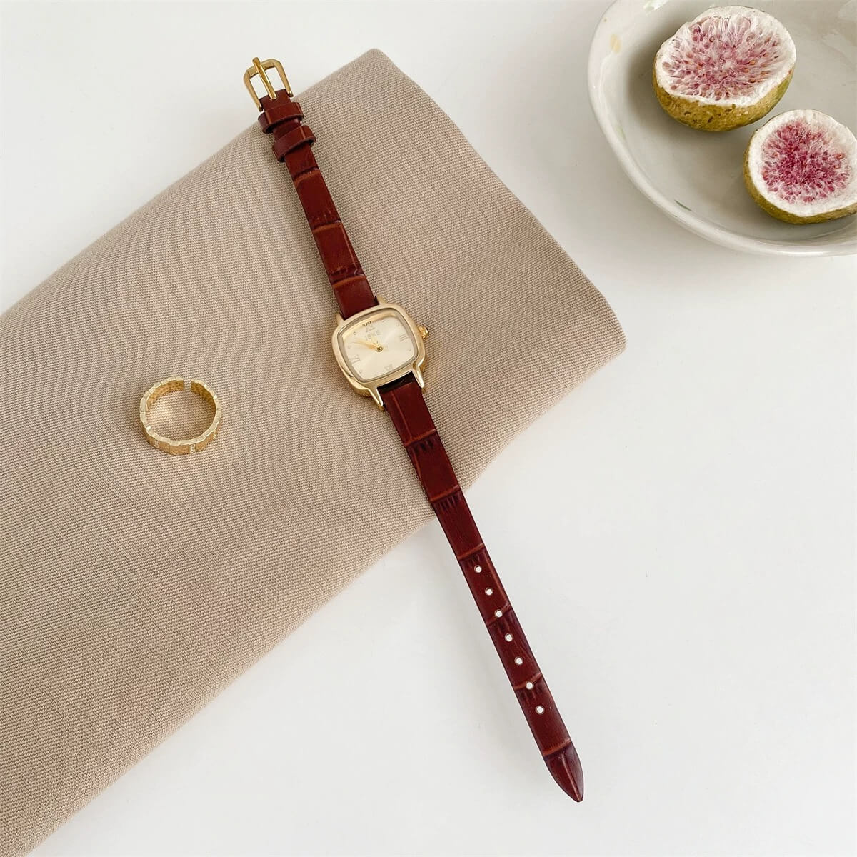 Square Face Brown/Black Leather Watch