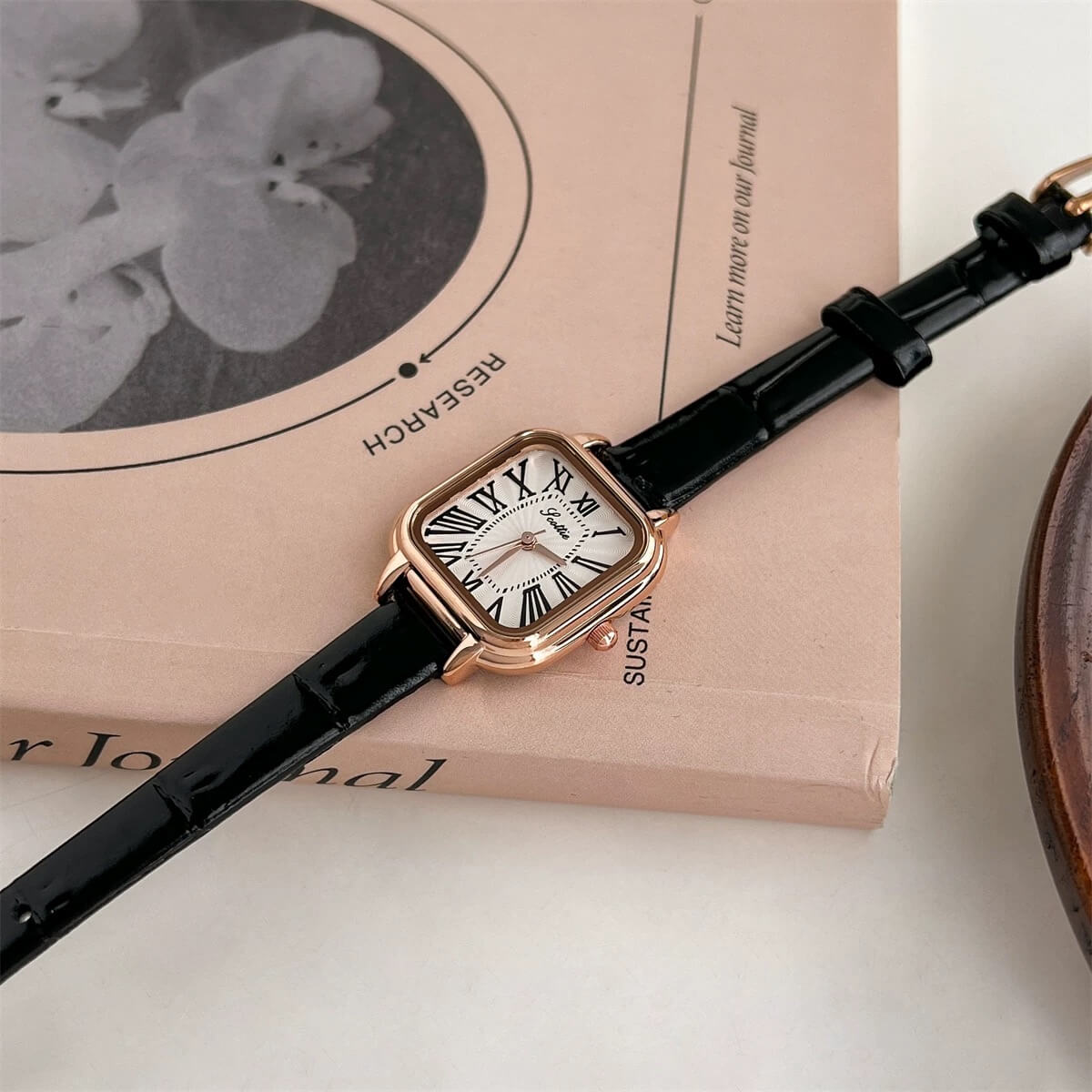 Danity Square Face Brown/Black/Red Leather Watch