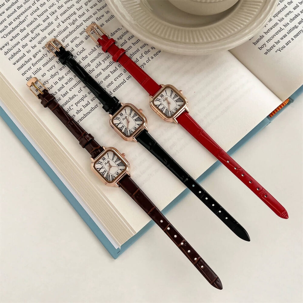 Danity Square Face Brown/Black/Red Leather Watch