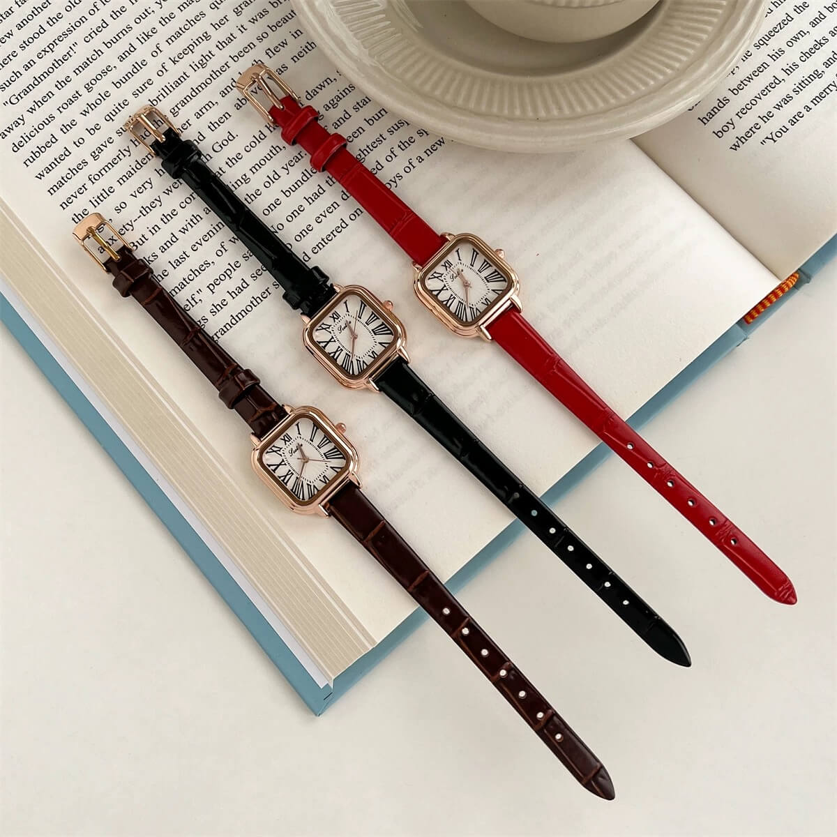 Danity Square Face Brown/Black/Red Leather Watch